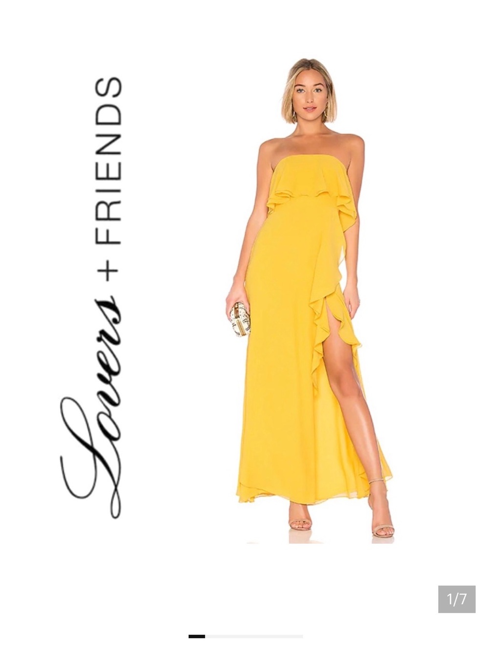 Lovers + Friends Yellow Strapless Ruffle Maxi Gown